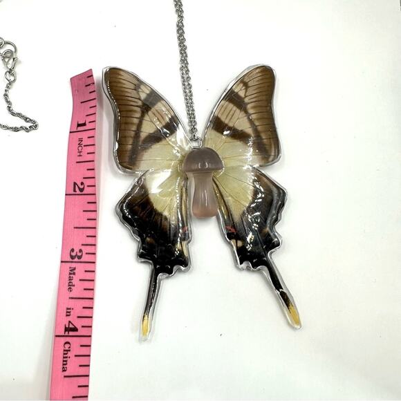 Unbranded Butterfly Large Pendant Necklace Brown Silvertone chain 70s 90s Boho - Picture 3 of 11